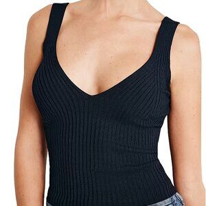 Good American Size XL Black Shine Rib Tank Top V-Neck Stretch